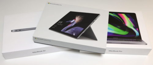 SurfaceとMacbook AirとMacbook Proのパッケージ